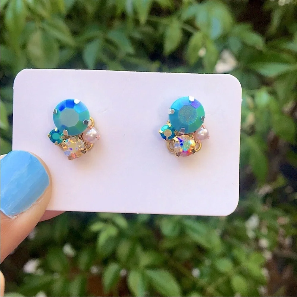 Iridescent Turquoise, Sapphire Aurora Borealis + Pearl Gold Earrings